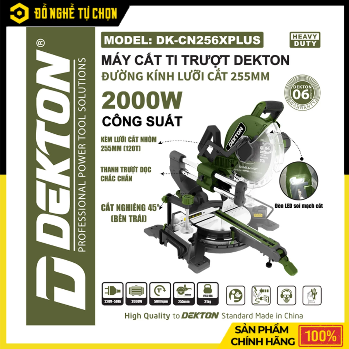Máy Cắt Nhôm Trượt 255mm 2000W Dekton DK-CN256PLUS – Nghiêng Trái, Cắt 305x90mm, Kèm Lưỡi 120 Răng
