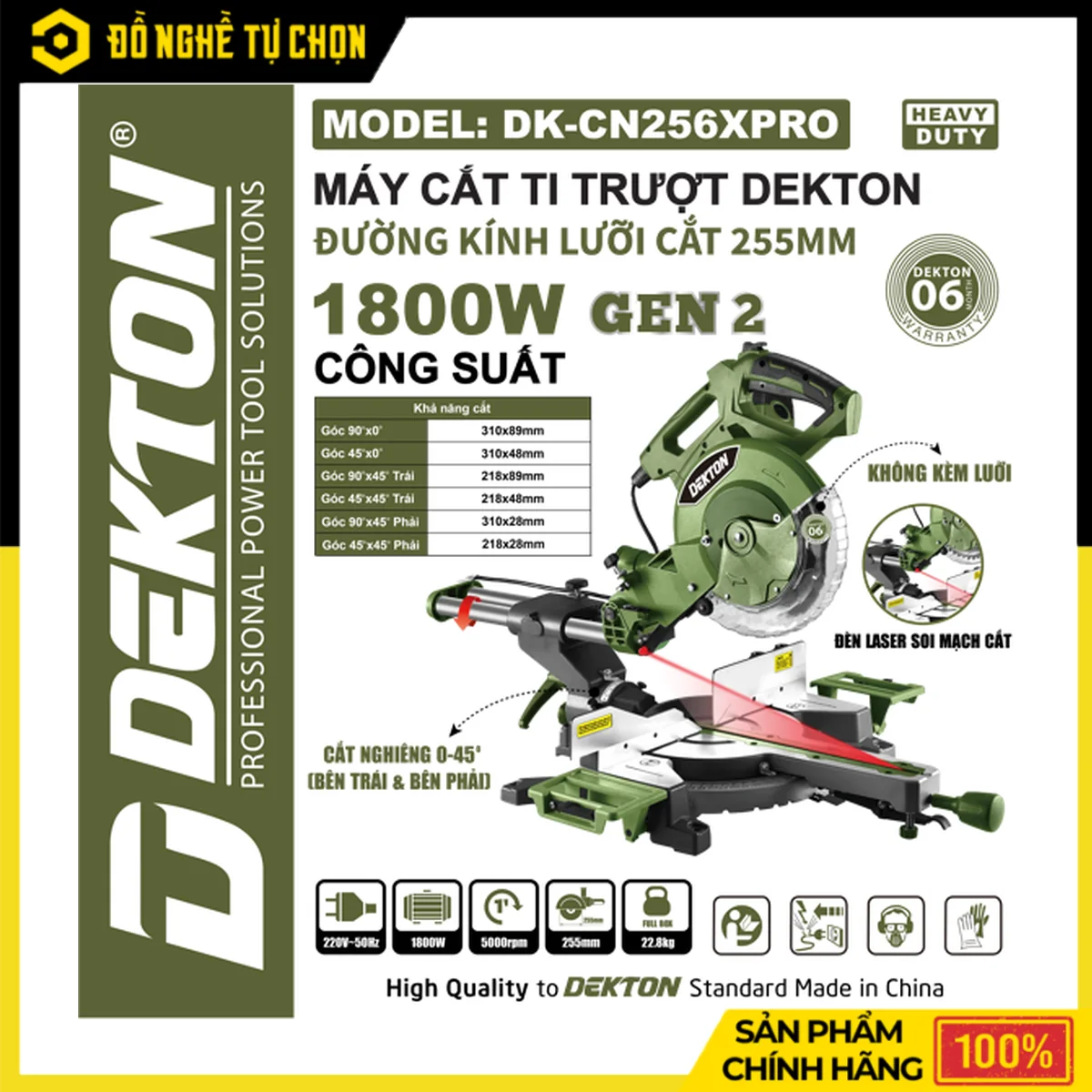 Máy Cắt Nhôm 255mm 1800W Dekton DK-CN256PRO – Ti Trượt Lớn 30mm, Đèn Laser Soi Mạch, Cắt 310x89mm