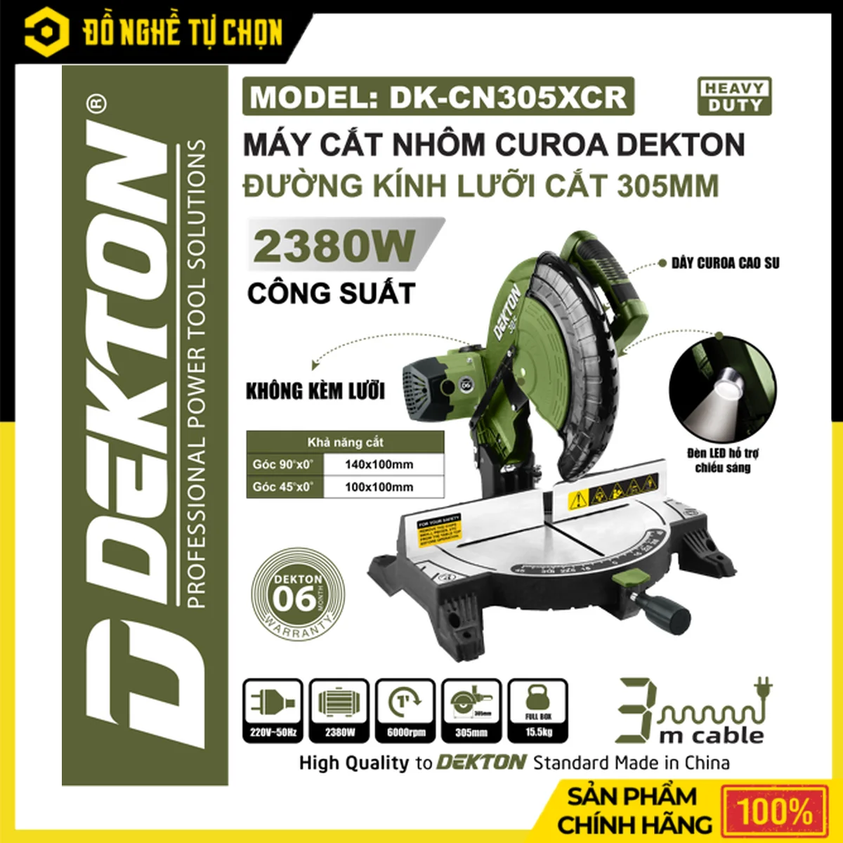 Máy Cắt Nhôm Cắt Gỗ 305mm 2380W Dekton DK-CN305XCR – Dây Curoa Cao Su, Đèn LED, Tốc Độ 6000RPM