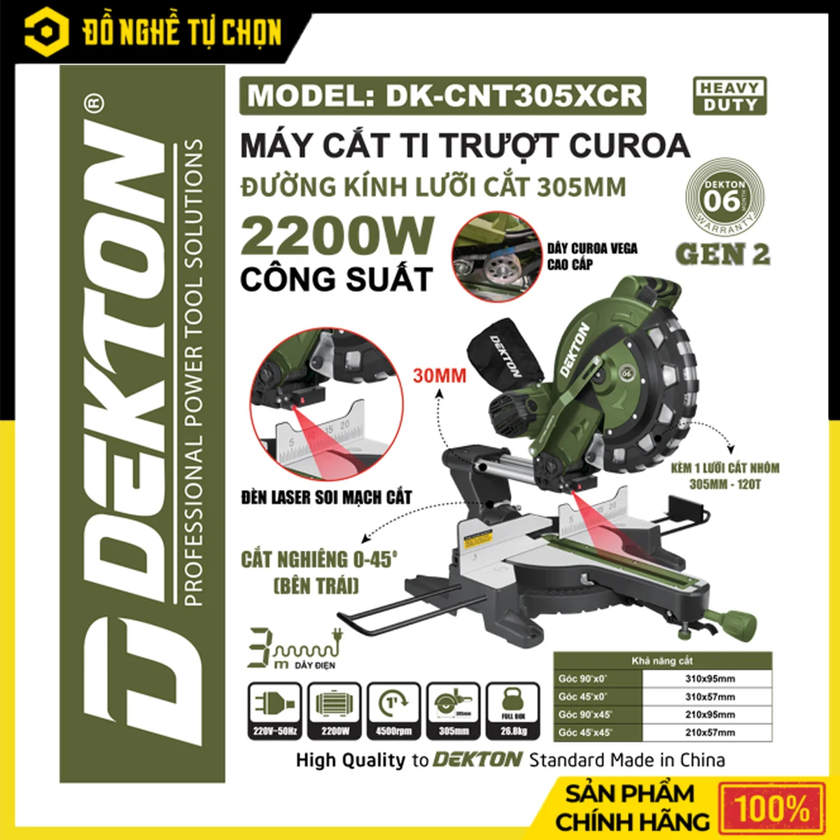 Máy Cắt Nhôm 305mm 2200W Dekton DK-CNT305XCR – Curoa VEGA, Ti Trượt 30mm, Kèm Lưỡi Nhôm 120 Răng