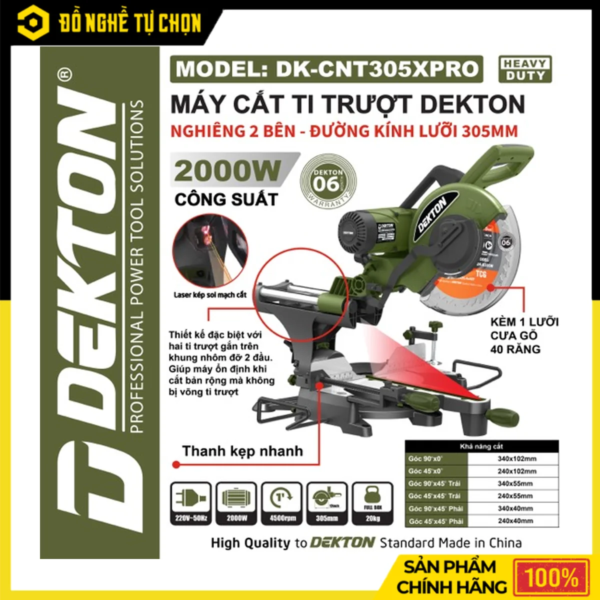 Máy Cắt Nhôm 305mm 2000W Dekton DK-CNT305PRO – Cắt Nghiêng Hai Bên, Đèn Laser Kép, Cắt 340x102mm