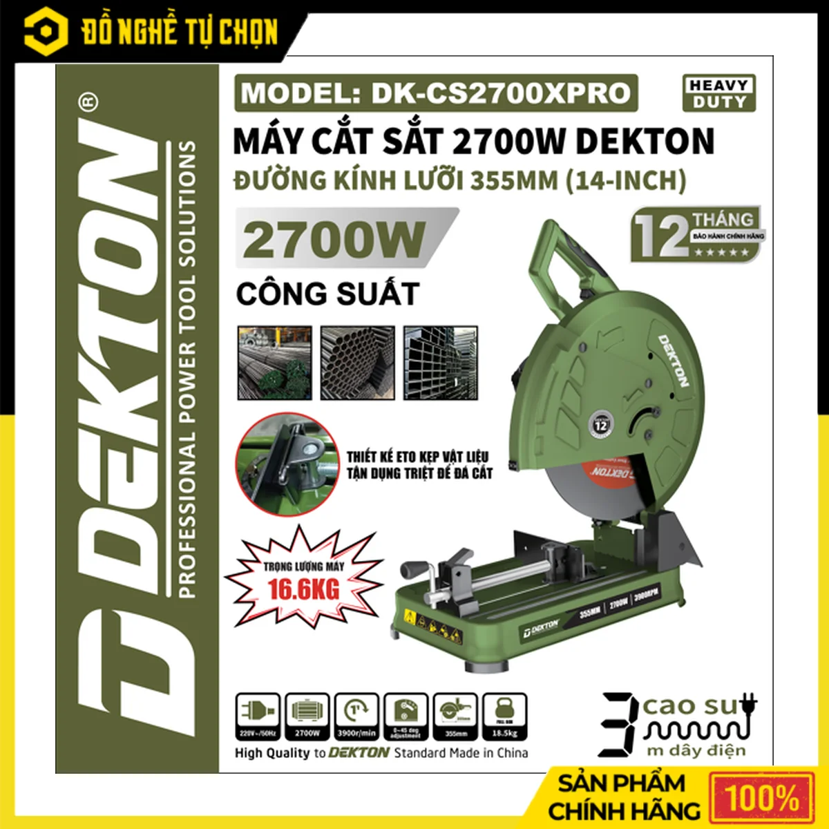 Máy Cắt Sắt 2700W Đá 355mm Dekton DK-CS2700PRO – Eto Tháo Lắp Nhanh, Kèm Eto Phụ, Bảo Hành 12 Tháng