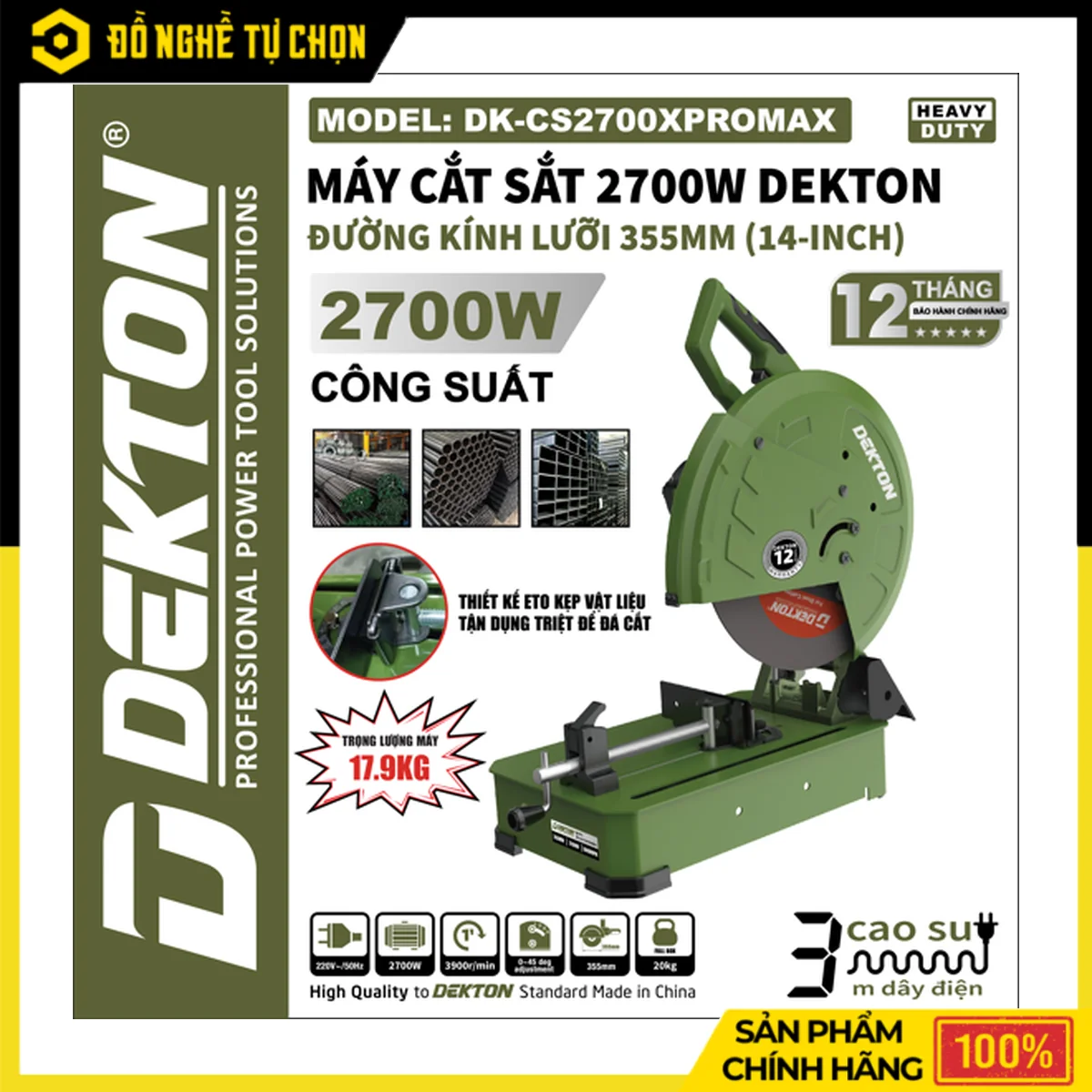 Máy Cắt Sắt 2700W Đá 355mm Dekton DK-CS2700PROMAX – Mặt Bàn Tôn Dày, Kèm Eto Phụ, Bảo Hành 12 Tháng