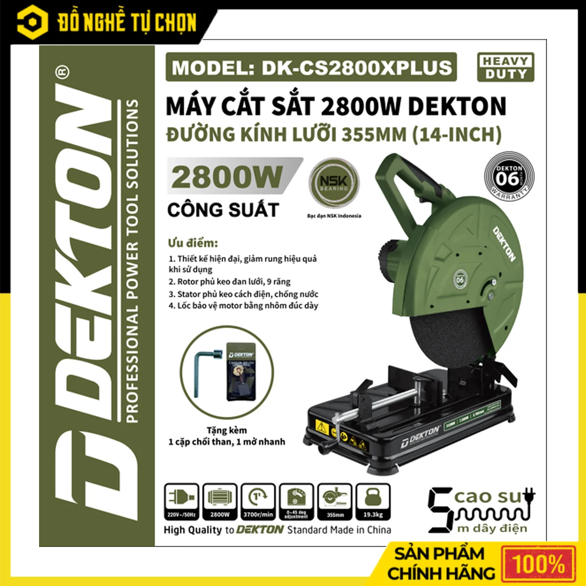 Máy Cắt Sắt 2800W Đá 355mm Dekton DK-CS2800PLUS – Bạc Đạn NSK, Lốc Motor Nhôm Đúc, 100% Dây Đồng