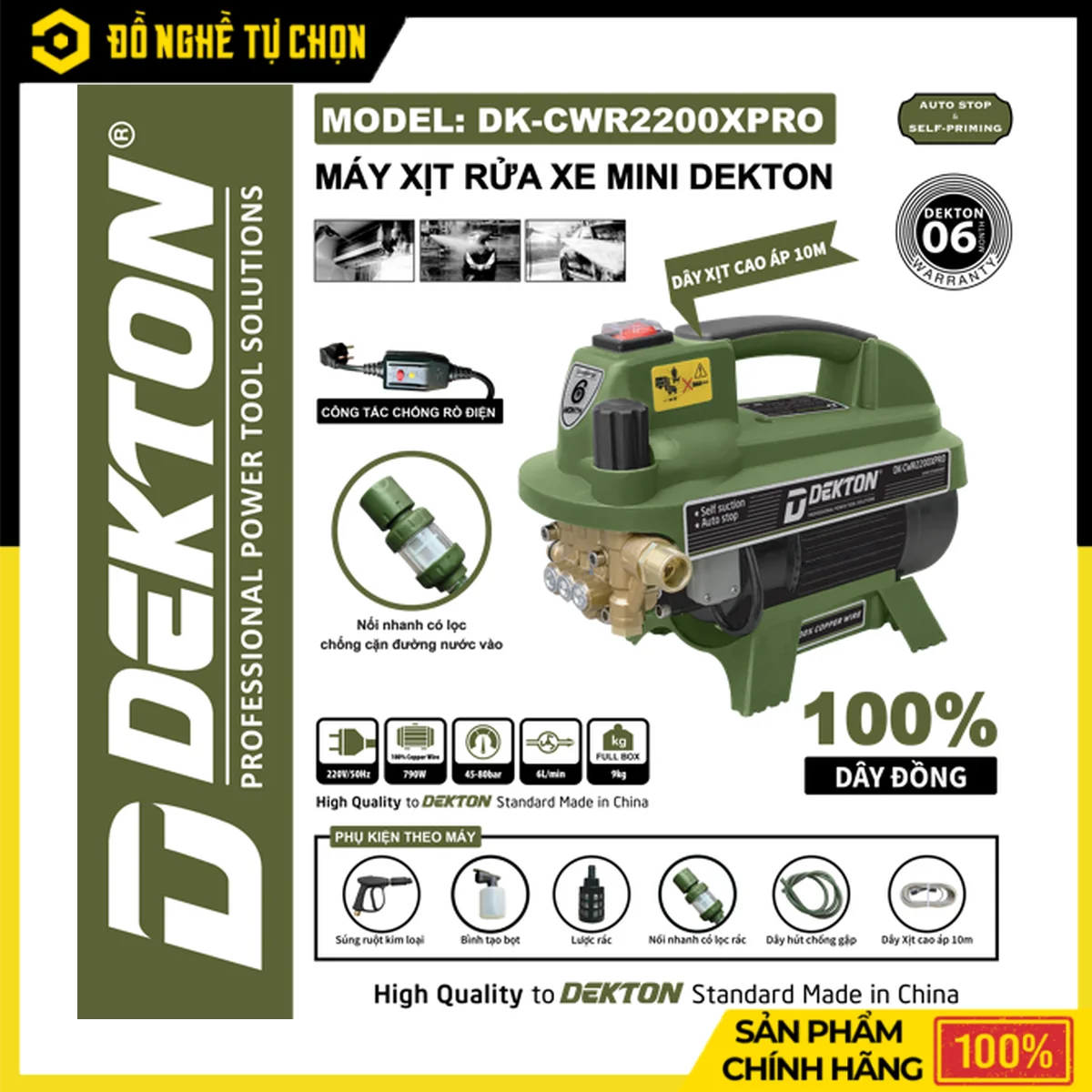 Máy Rửa Xe 790W 80 Bar Dekton DK-CWR2200PRO – Có Chỉnh Áp, Motor 100% Dây Đồng, Dây Xịt 10M | Hàng Chính Hãng, Có VAT