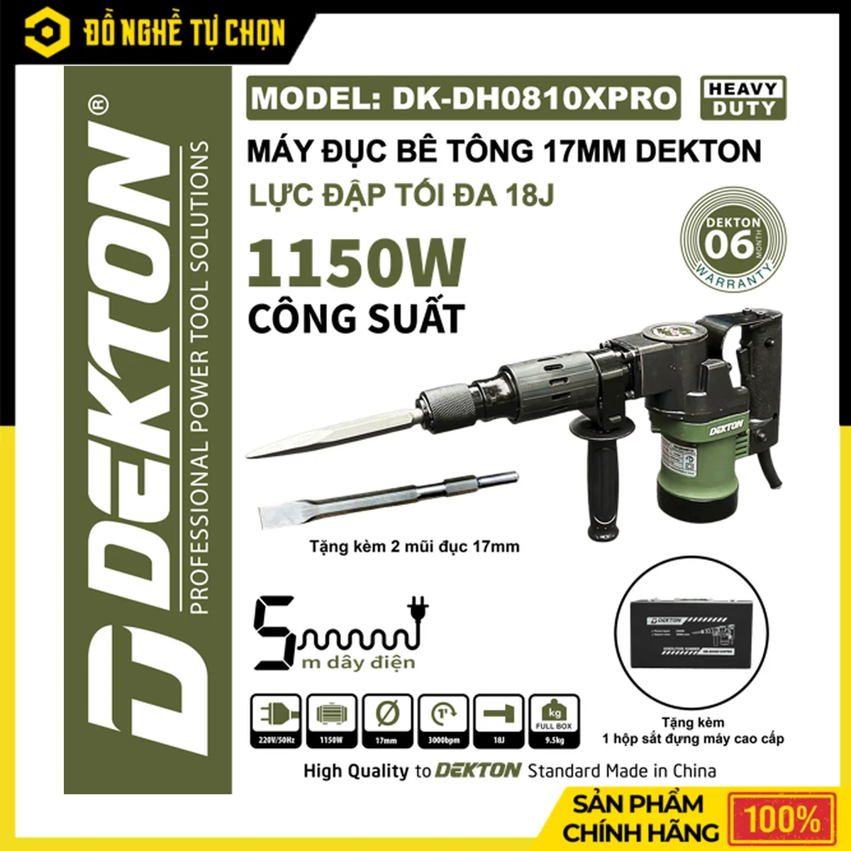 Máy Đục Bê Tông 1150W Dekton DK-DH0810PRO – Lực Đập 18J, Đầu Tròn 17mm, Kèm Hộp Kim Loại 2 Mũi Đục