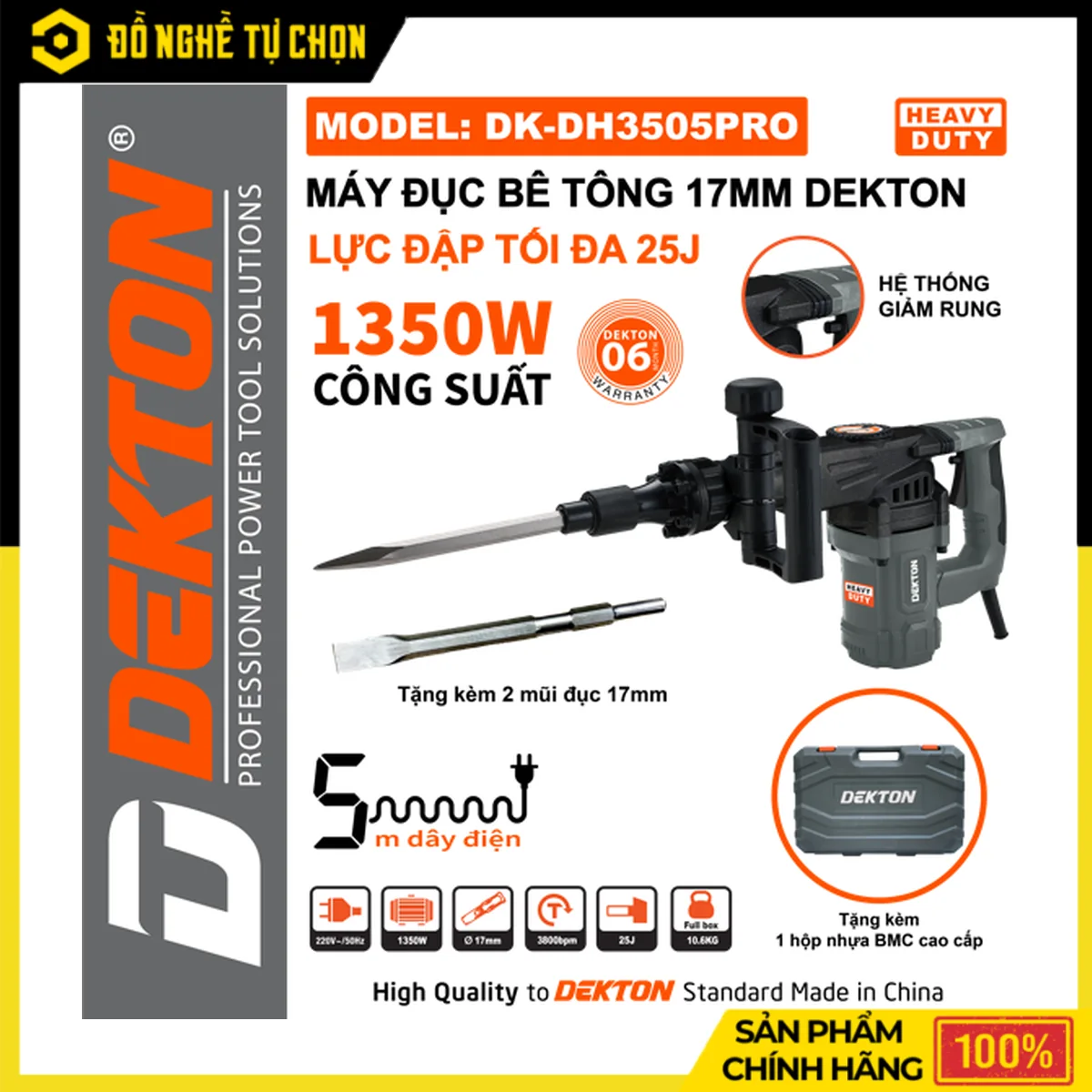Máy Khoan Đục Bê Tông 1350W Dekton DK-DH3505PRO – Lực Đập 25J, Đầu 17mm, Kèm Hộp Nhựa Và 2 Mũi Đục