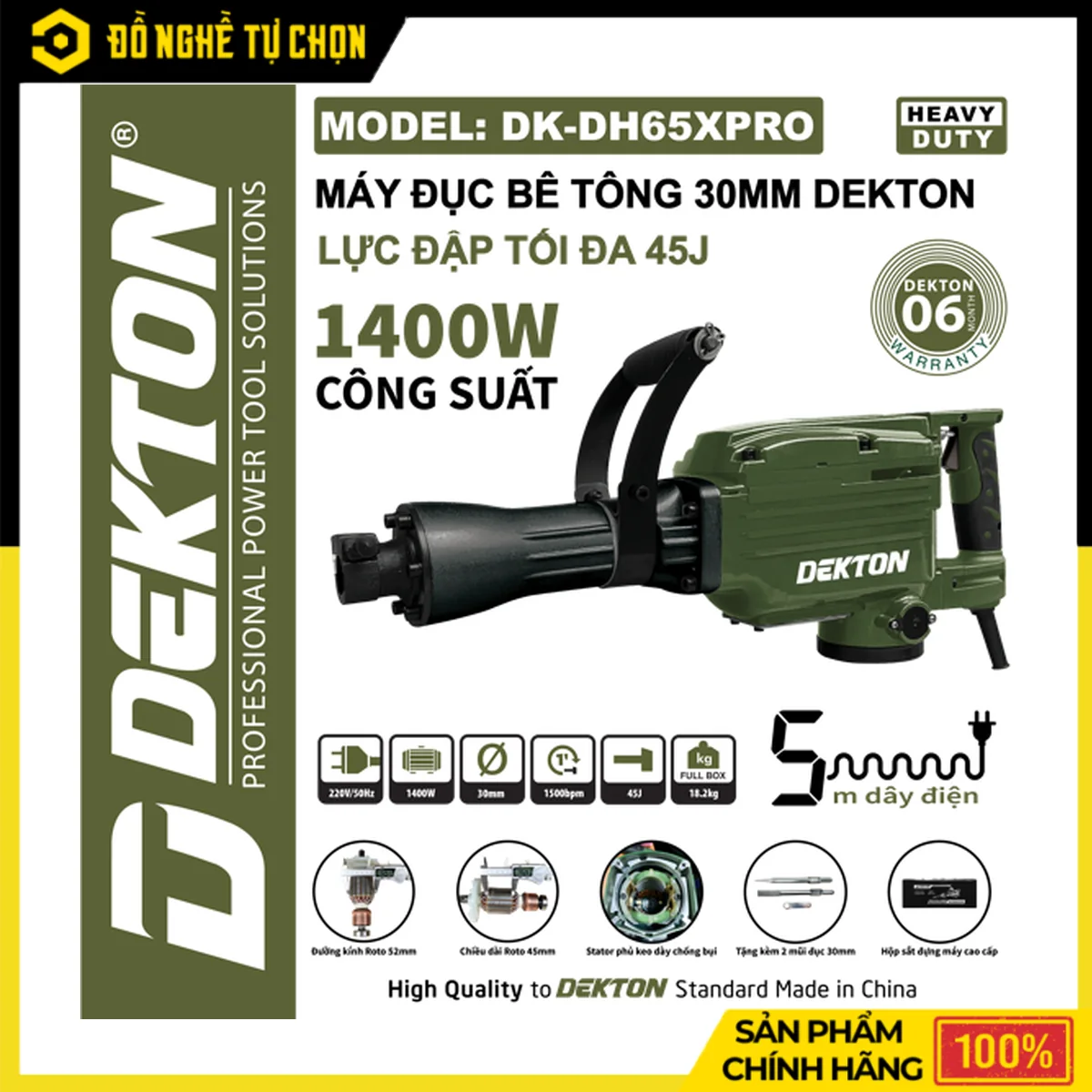 Máy Đục Bê Tông 1400W Dekton DK-DH65PRO – Lực Đập 45J, Đầu Đục 30mm, Kèm Hộp Kim Loại 2 Mũi Đục