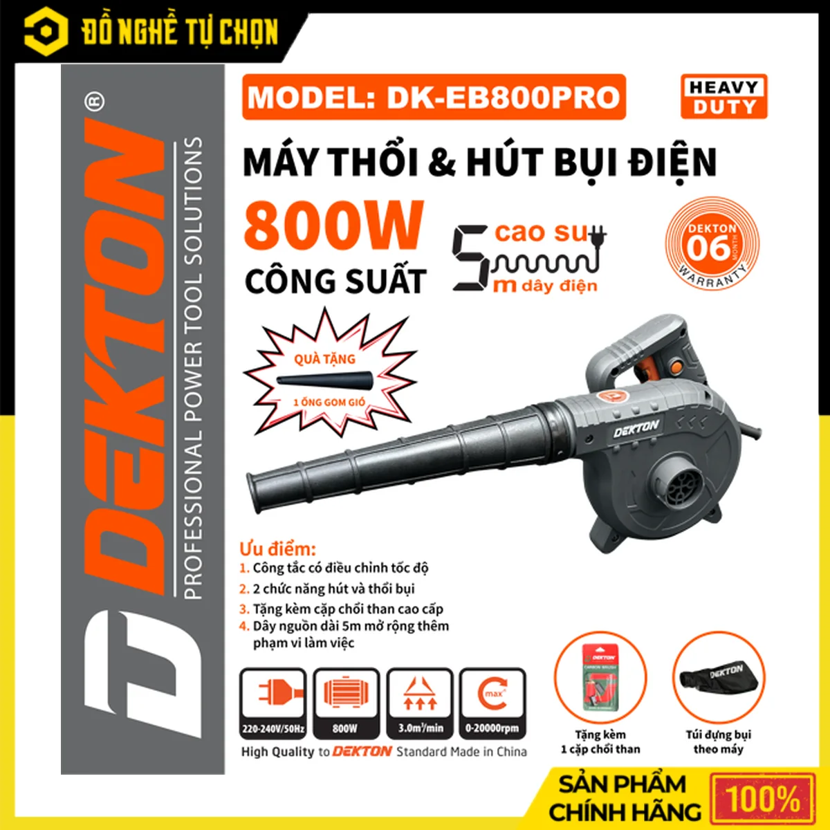 Máy Thổi Hút Bụi 800W Dekton DK-EB800PRO – Tốc Độ Gió 4.2 M3/Phút, Chỉnh Tốc Độ, Kèm Túi Đựng Bụi