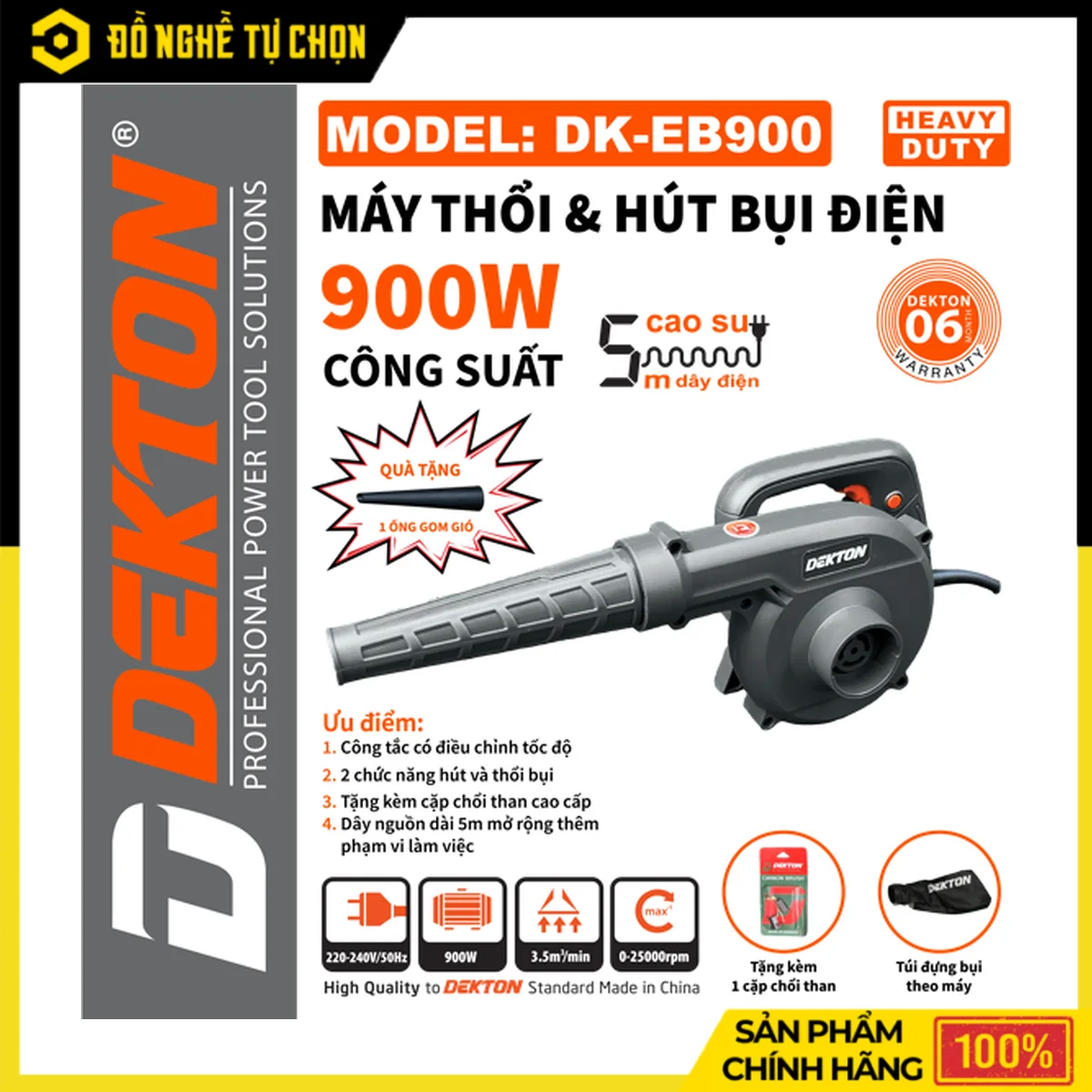 Máy Thổi Hút Bụi 900W Dekton DK-EB900 – Tốc Độ Gió 4.2 M3/Phút, Có Chỉnh Tốc Độ, Kèm Túi Đựng Bụi