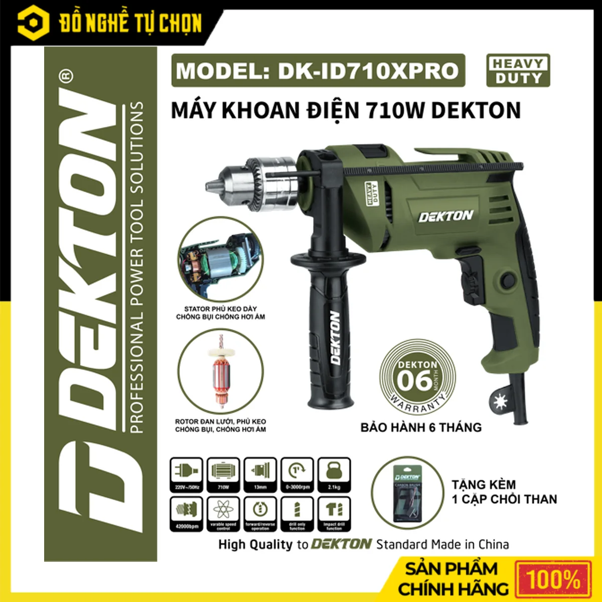 Máy Khoan Điện 710W Đầu Kẹp 13mm Dekton DK-ID710PRO – Rotor Phủ Keo, Stator Chống Bụi Chống Ẩm