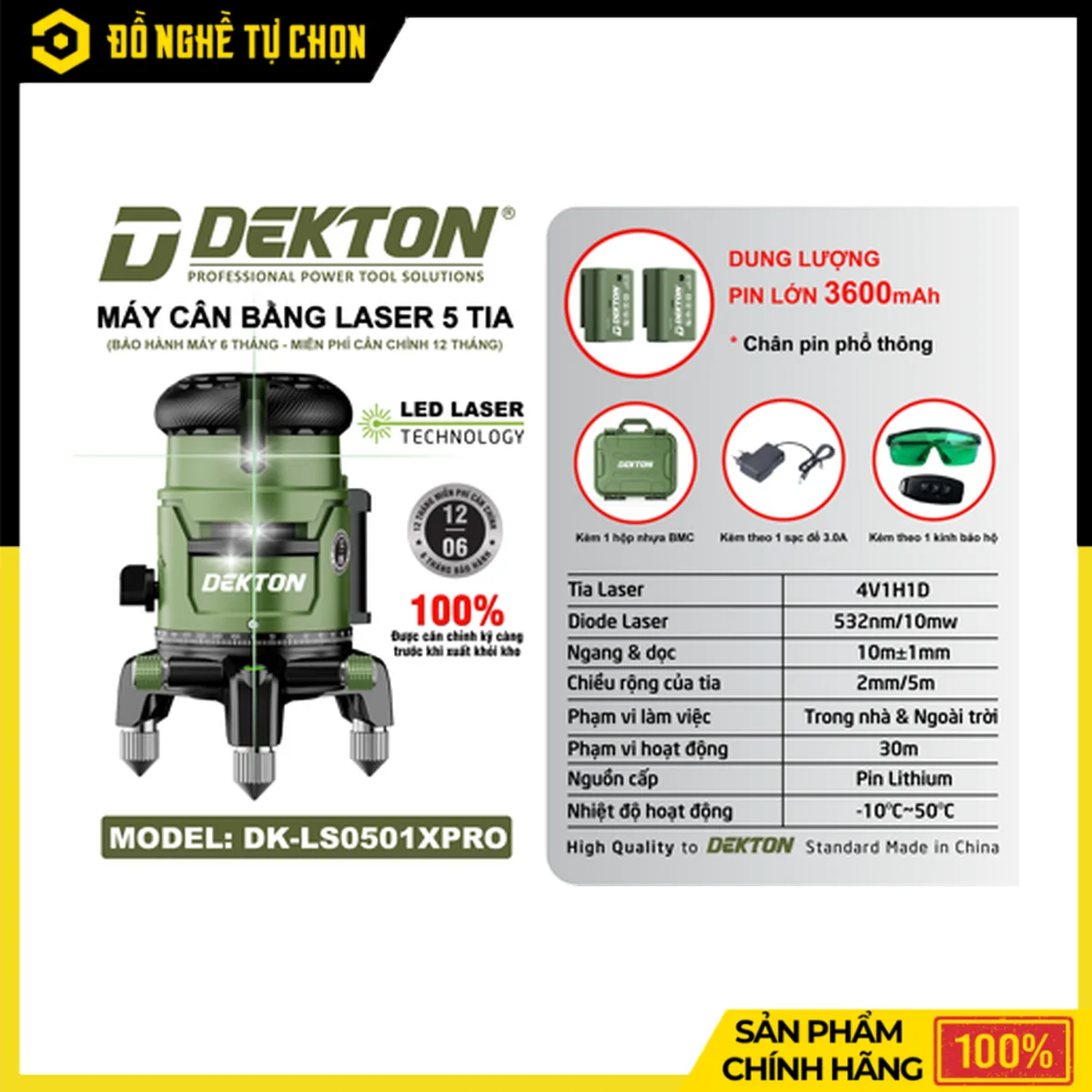 Máy Laser 5 Tia Xanh Dekton DK-LS0501PRO – Kèm 2 Pin 3.6Ah, Sạc, Remote Và Kính Bảo Vệ