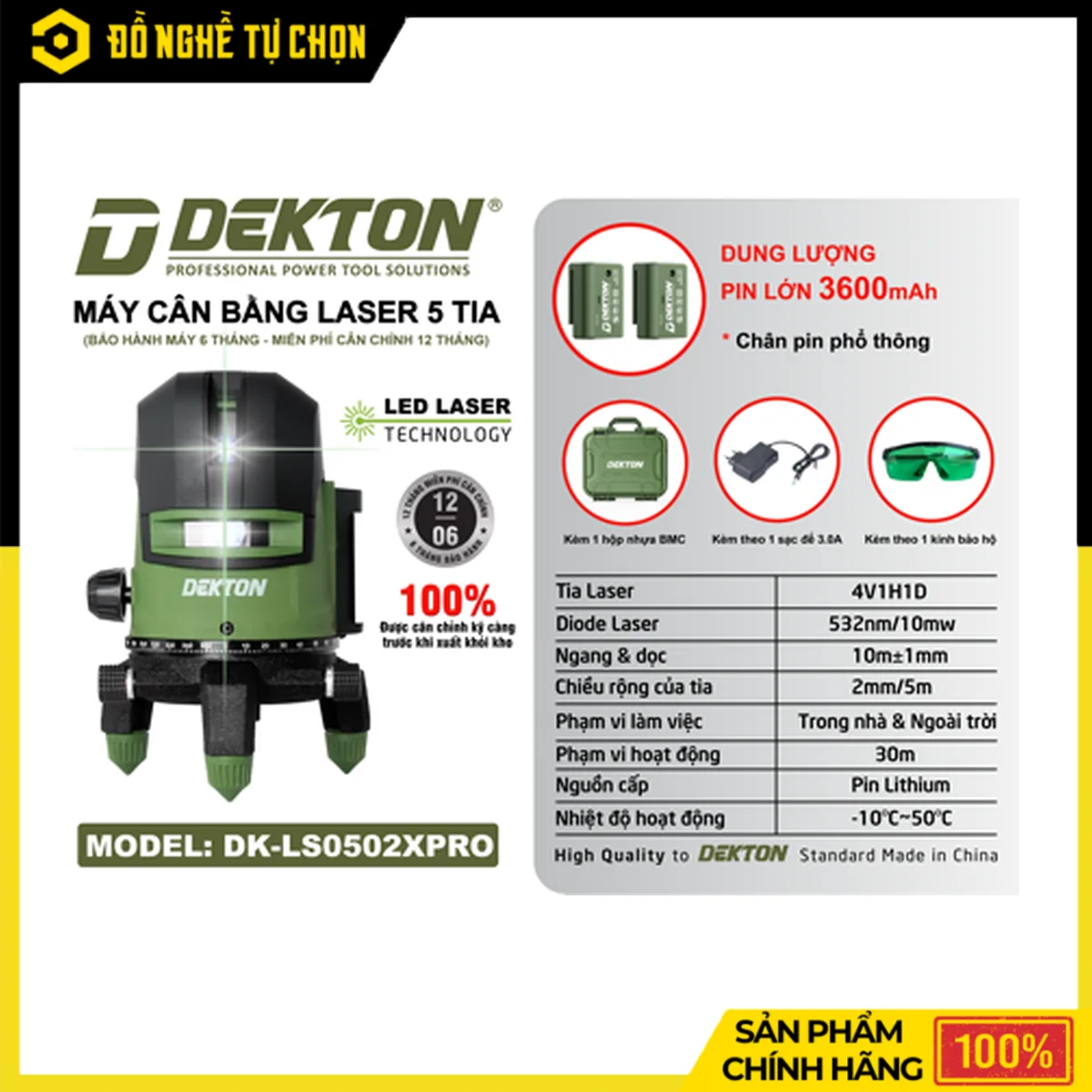 Máy Laser 5 Tia Xanh Dekton DK-LS0502PRO – Kèm 2 Pin 3.6Ah, 1 Sạc, Hộp Nhựa Và Kính Bảo Vệ