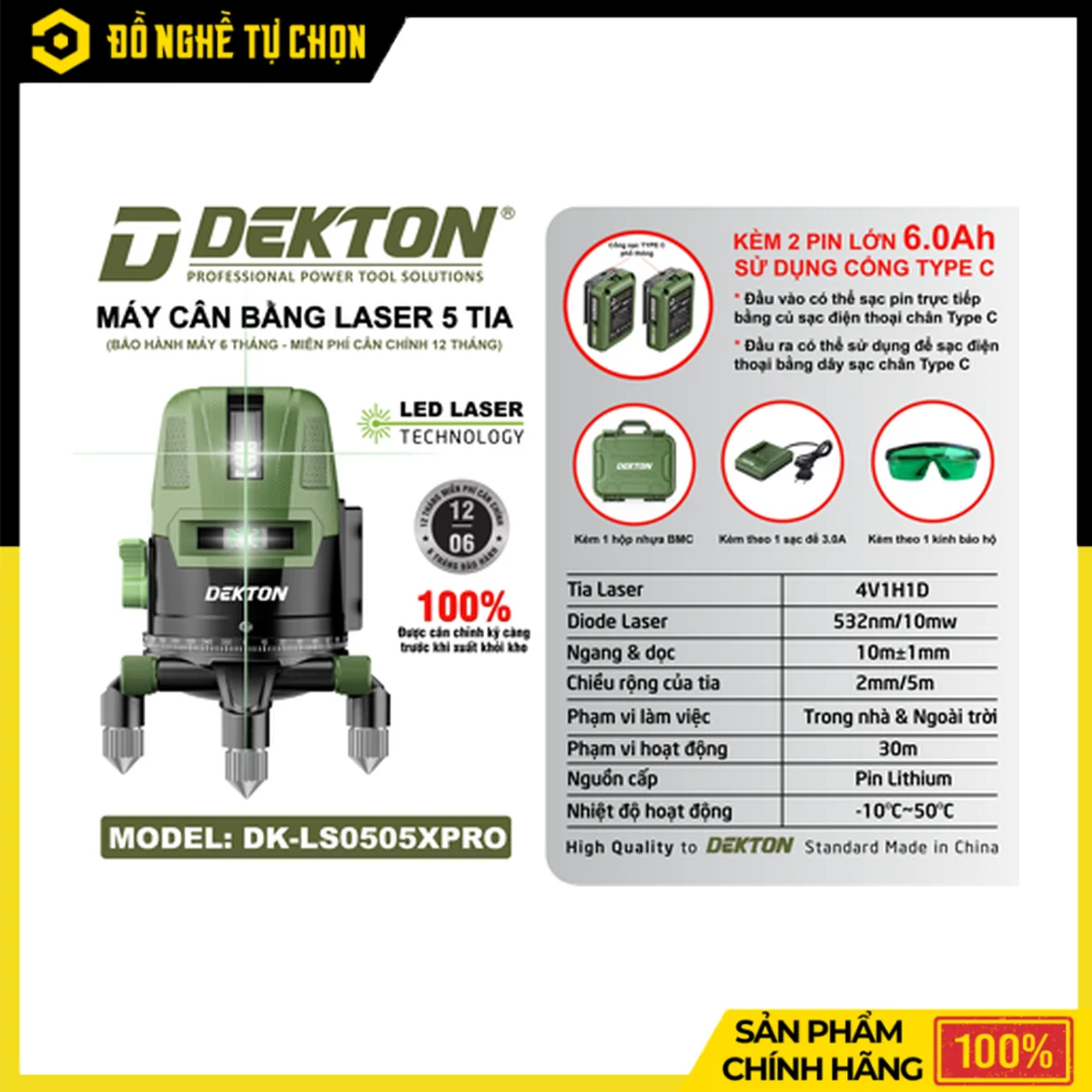 Máy Laser 5 Tia Xanh Dekton DK-LS0505PRO – Bóng LED Siêu Sáng, Kèm 2 Pin 6.0Ah Và Sạc Đế 3.0A