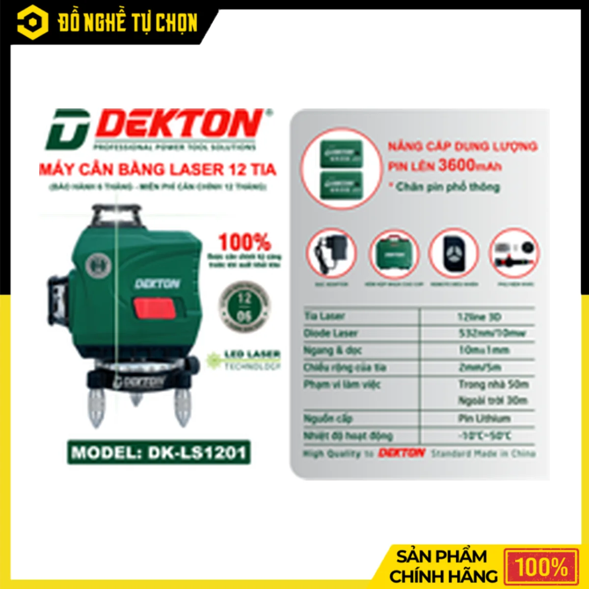 Máy Laser 12 Tia Xanh Dekton DK-LS1201 – Bóng LED Siêu Sáng, Kèm 2 Pin 3.6Ah, 1 Sạc Và Remote