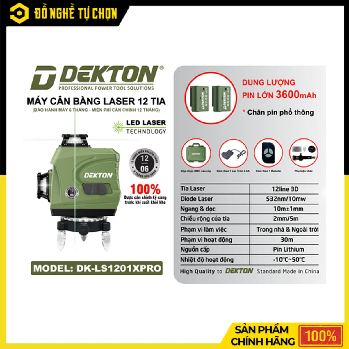 Máy Laser 12 Tia Xanh Dekton DK-LS1201PRO – Bóng LED Siêu Sáng, Kèm 2 Pin 3.6Ah, Sạc Và Remote
