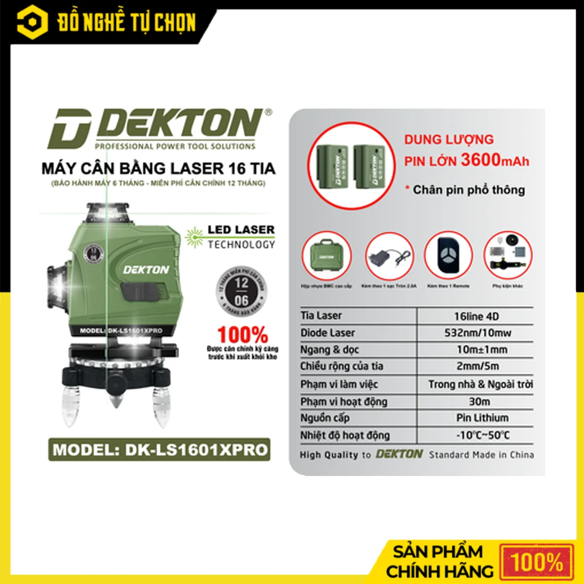 Máy Laser 16 Tia Xanh Dekton DK-LS1601PRO – Bóng LED Siêu Sáng, Kèm 2 Pin 3.6Ah, Sạc Và Remote