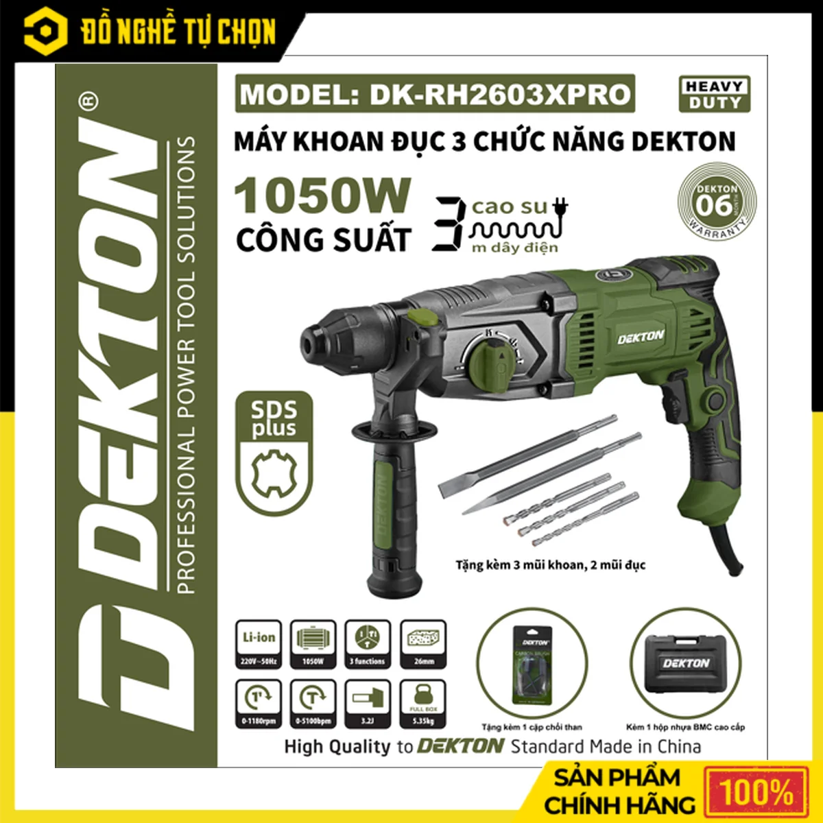 Máy Khoan Đục Bê Tông 1050W Dekton DK-RH2603PRO – 3 Chế Độ, Lực Đập 3.2J, Đầu Gài SDS Plus 26mm