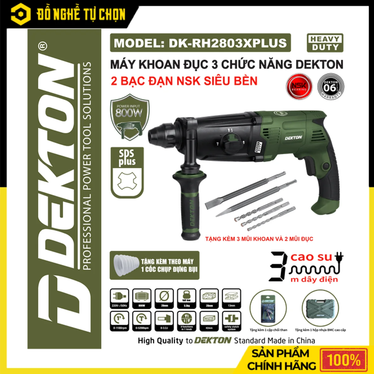 Máy Khoan Đục Bê Tông 800W Dekton DK-RH2803PLUS – Bạc Đạn NSK, 3 Chế Độ, SDS Plus, Khoan Bê Tông 28mm