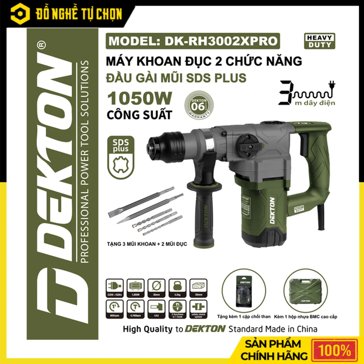 Máy Khoan Đục Bê Tông 2 Chức Năng Dekton DK-RH3002PRO – Lực Đập 4.8J, SDS Plus, Kèm Hộp Nhựa BMC