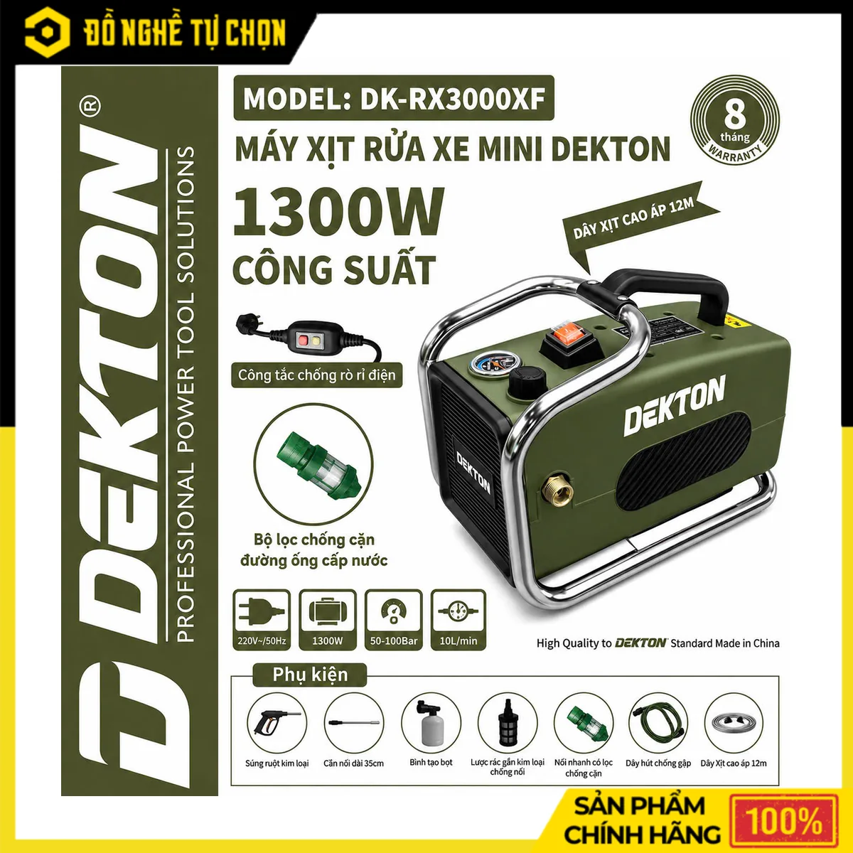 Máy Rửa Xe 1300W 110 Bar Dekton DK-RX3000XF – Có Đồng Hồ Chỉnh Áp, Dây Xịt 12M, Súng Lõi Kim Loại