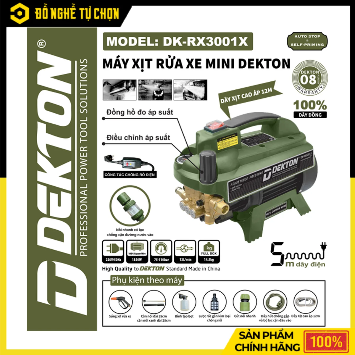 Máy Rửa Xe 1350W 110 Bar Dekton DK-RX3001X – Có Đồng Hồ Chỉnh Áp, Dây Xịt 12M, Kèm 2 Cây Nối Dài