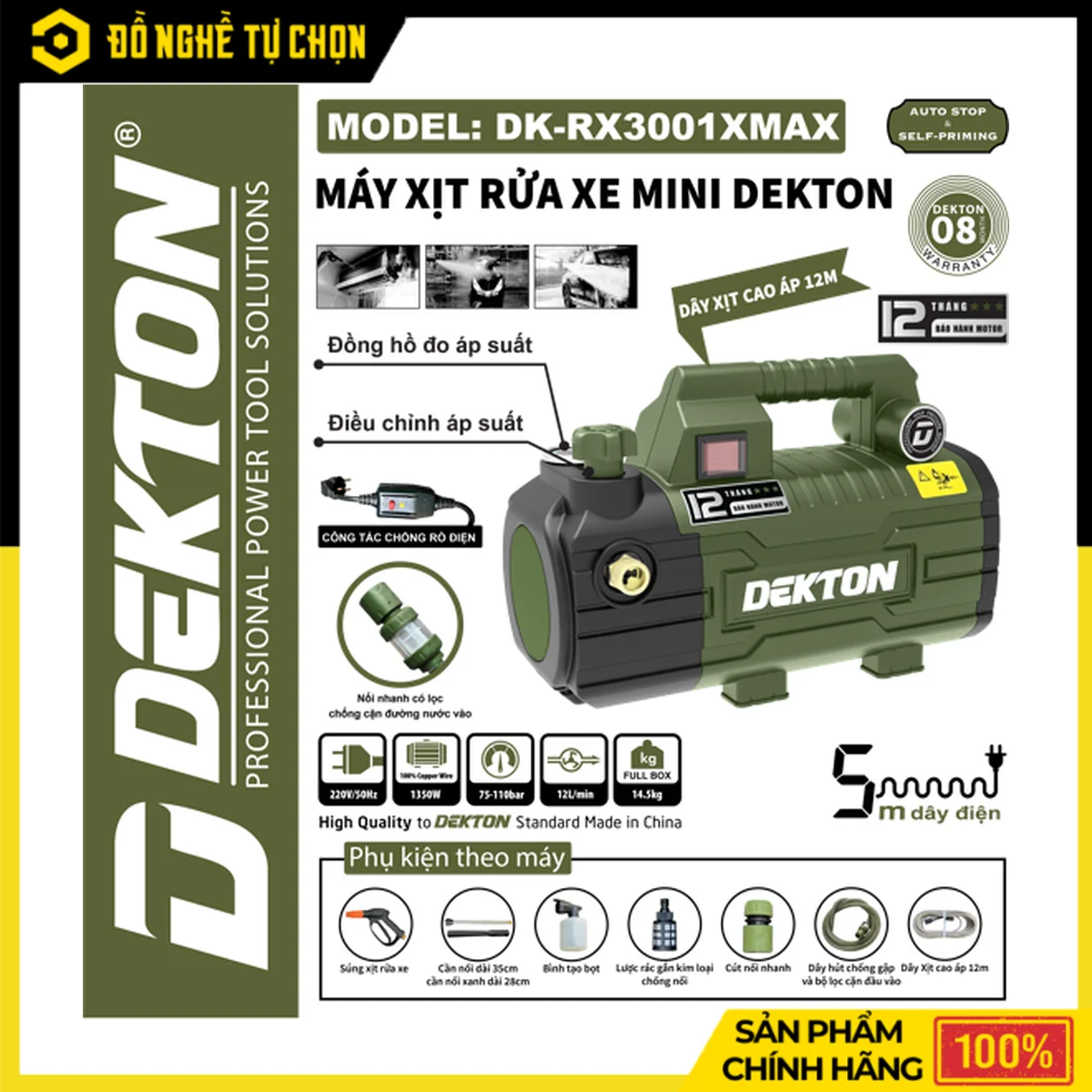 Máy Rửa Xe 1350W 110 Bar Dekton DK-RX3001MAX – Dây Xịt 12M, Kèm 2 Cây Nối Dài, Bảo Hành Motor 12 Tháng