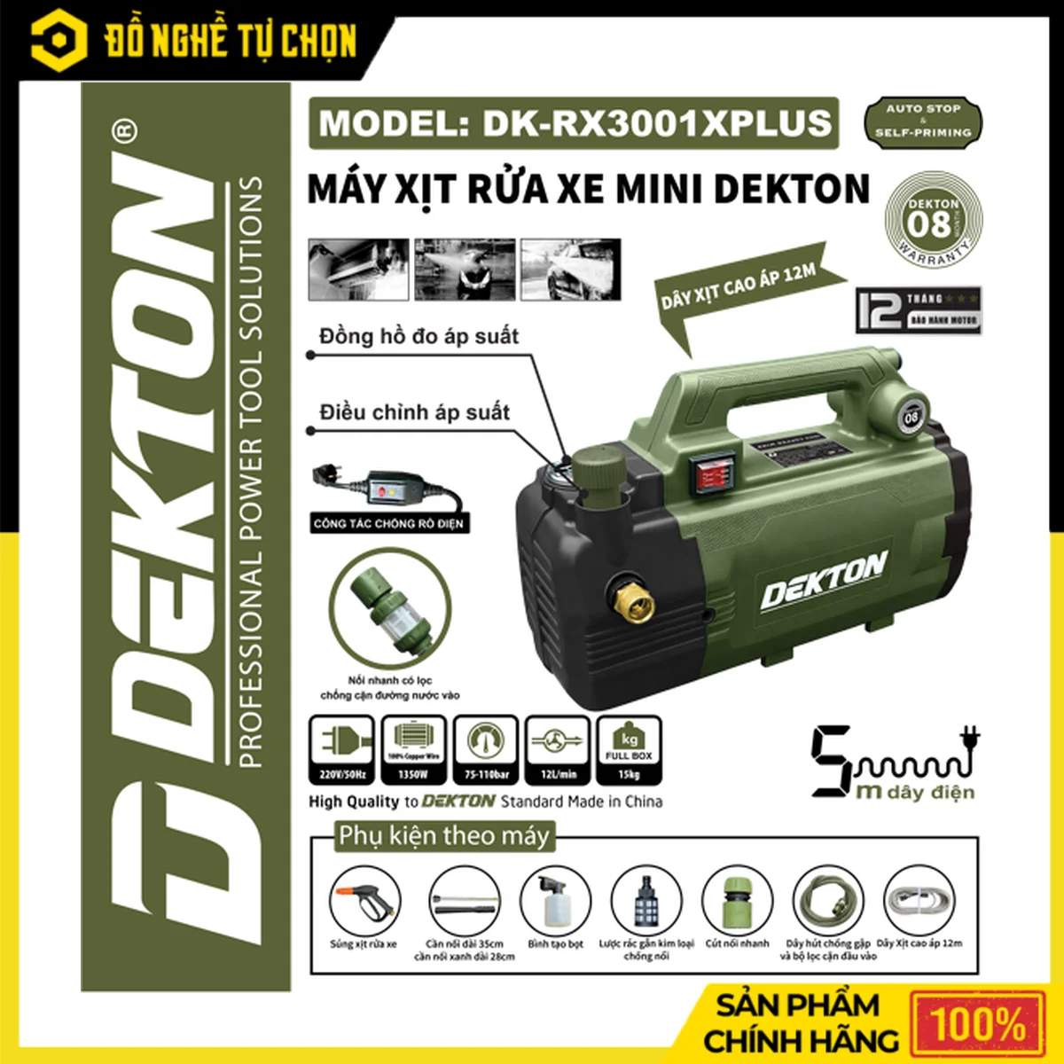 Máy Rửa Xe 1350W 110 Bar Dekton DK-RX3001PLUS – Súng Lõi Kim Loại 1.6mm, Dây Xịt 12M, Có Đồng Hồ Áp