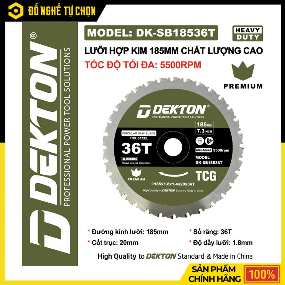 Lưỡi Cắt Hợp Kim Đa Năng 185mm Dekton DK-SB18536T – 36 Răng, Cốt Trục 20mm, Tốc Độ Tối Đa 5500RPM