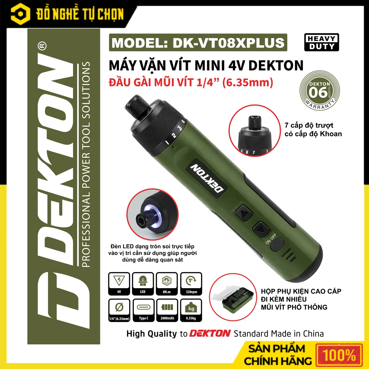 Máy Vặn Vít Pin 4V Dekton DK-VT08PLUS – Lực Siết 8N.m, 7 Cấp Trượt, Pin 2.0Ah, Đèn LED Tròn
