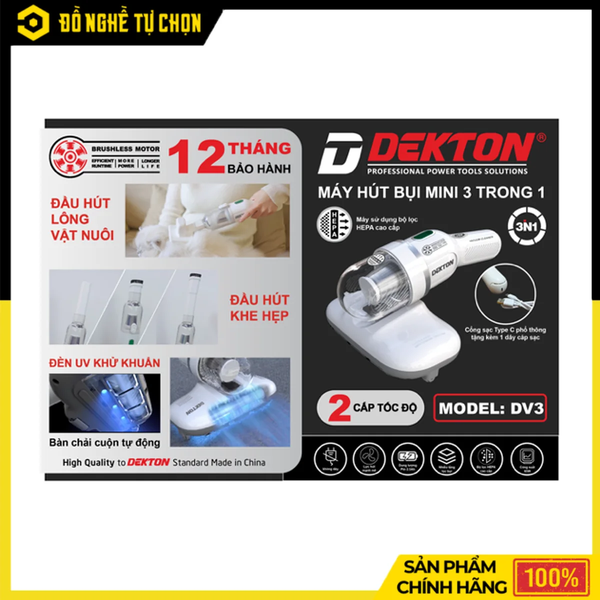 Máy Hút Bụi Mini 3 Trong 1 Dekton DV3 – Motor Brushless, Lọc HEPA, Pin 2.0Ah, Bảo Hành 12 Tháng