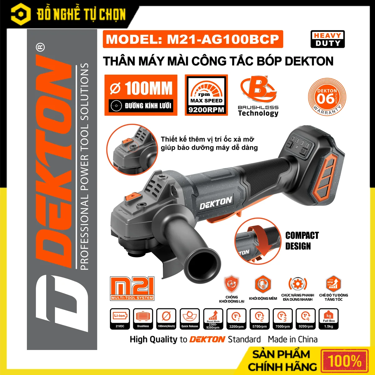 Máy Mài Góc Pin 21V Đá 100mm Dekton M21-AG100BCP – Brushless, Công Tắc Bóp, 4 Tốc Độ 3200-9200 RPM