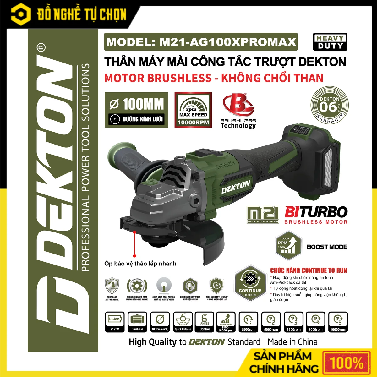 Máy Mài Góc Pin 21V Đá 100mm Dekton M21-AG100XPROMAX – Brushless, Anti-Kickback, Chống Khởi Động Lại