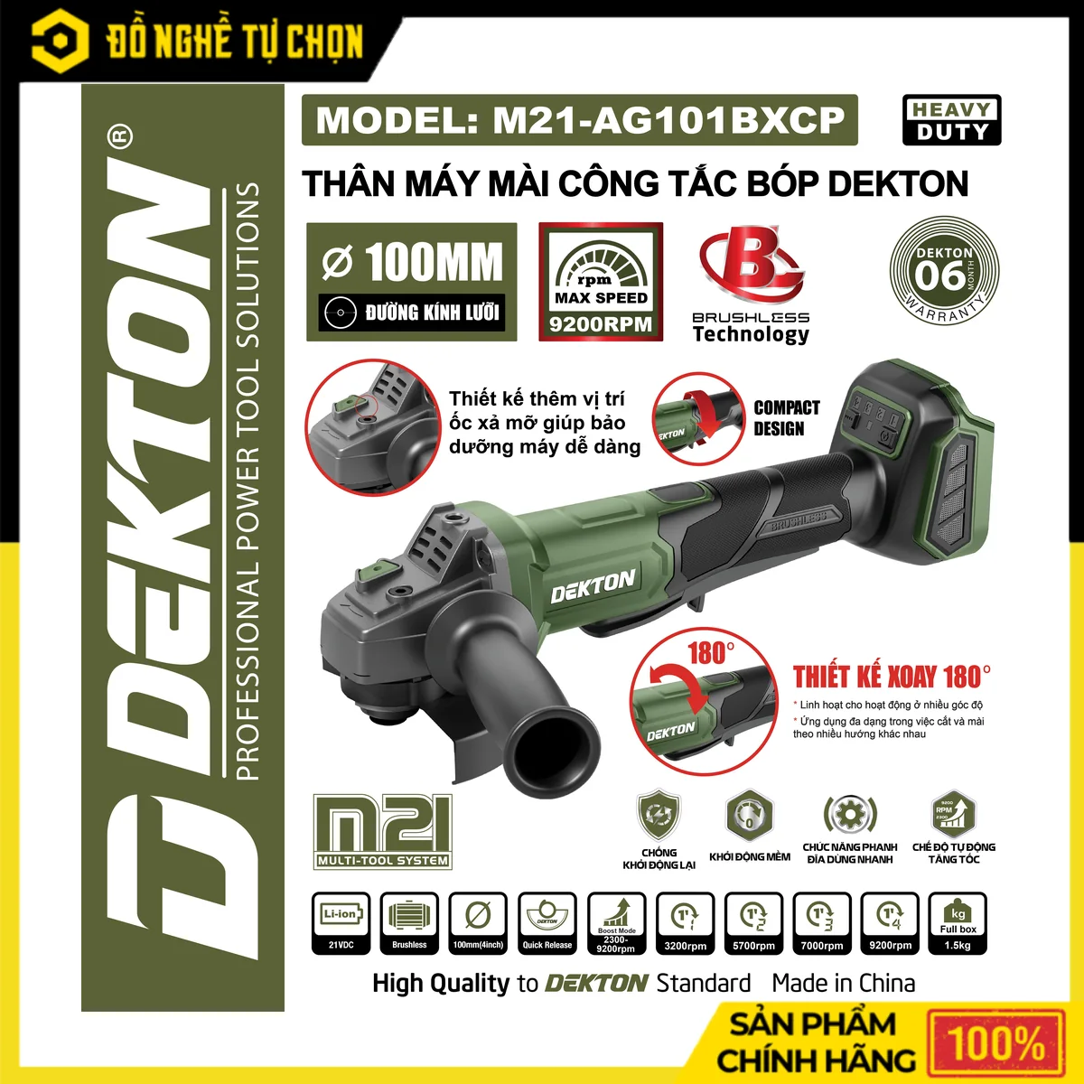 Máy Mài Góc Pin 21V Đá 100mm Dekton M21-AG101BXCP – Brushless, Xoay Thân 180 Độ, 4 Tốc Độ 3200-9200 RPM