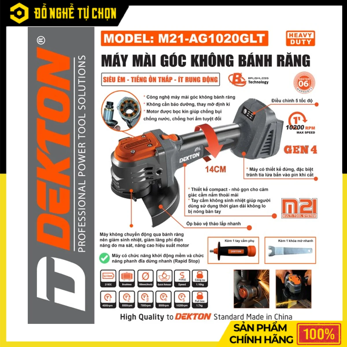Máy Mài Góc Không Bánh Răng 100mm Dekton M21-AG1020GLT – Brushless, 5 Tốc Độ 4000-10200 RPM, 1.16kg