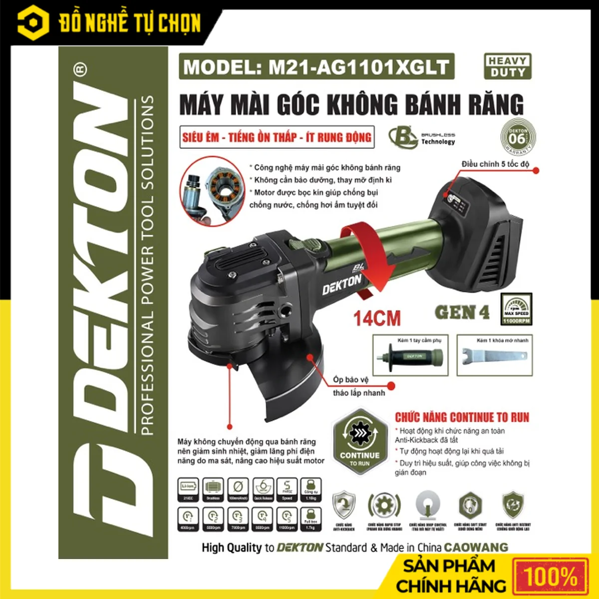 Máy Mài Góc Không Bánh Răng 100mm Dekton M21-AG1101XGLT – Brushless, Anti-Kickback, Drop Control