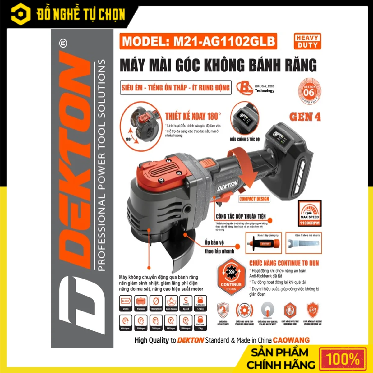 Máy Mài Góc Không Bánh Răng 100mm Dekton M21-AG1102GLB – Xoay Đầu 180 Độ, Anti-Kickback, Drop Control | Hàng Chính Hãng, Có VAT