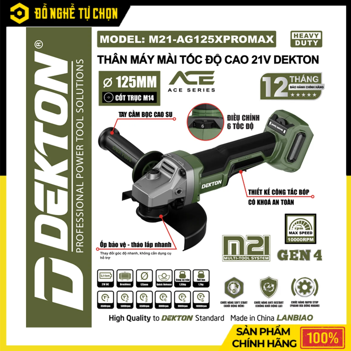 Máy Mài Góc Pin 21V Đá 125mm Dekton M21-AG125XPROMAX – Heavy Duty Brushless, 6 Tốc Độ, Bảo Hành 12 Tháng