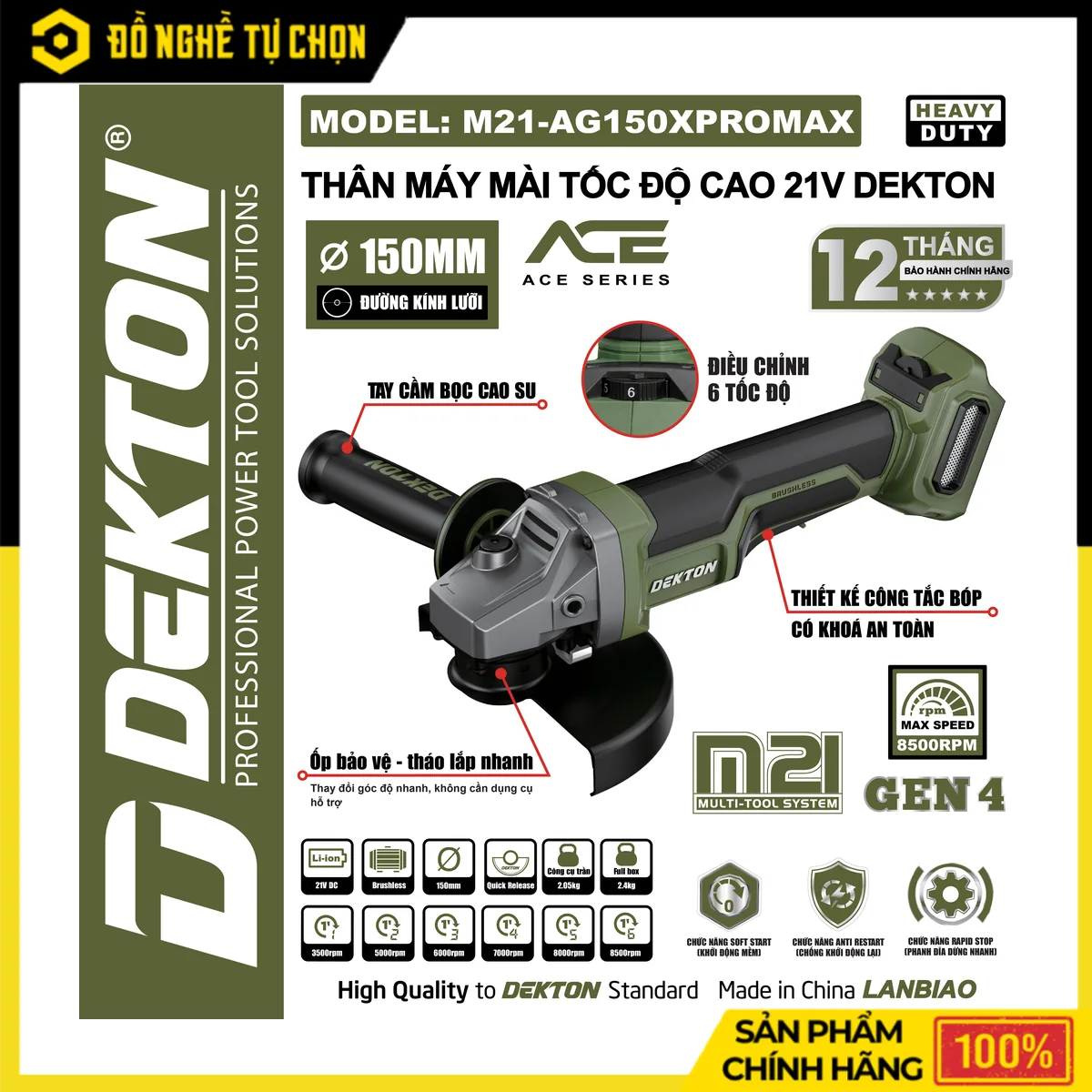 Máy Mài Góc Pin 21V Đá 150mm Dekton M21-AG150XPROMAX – Heavy Duty Brushless, 6 Tốc Độ, Bảo Hành 12 Tháng