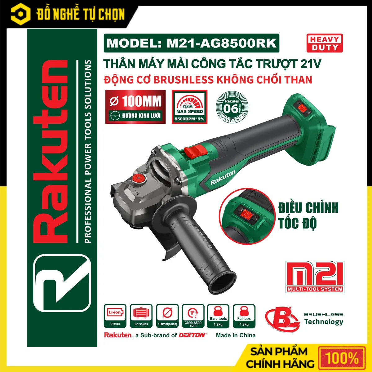 Máy Mài Góc Pin 21V Đá 100mm Dekton M21-AG8500RK – Brushless, Công Tắc Trượt, 2 Tốc Độ 3000/8500 RPM