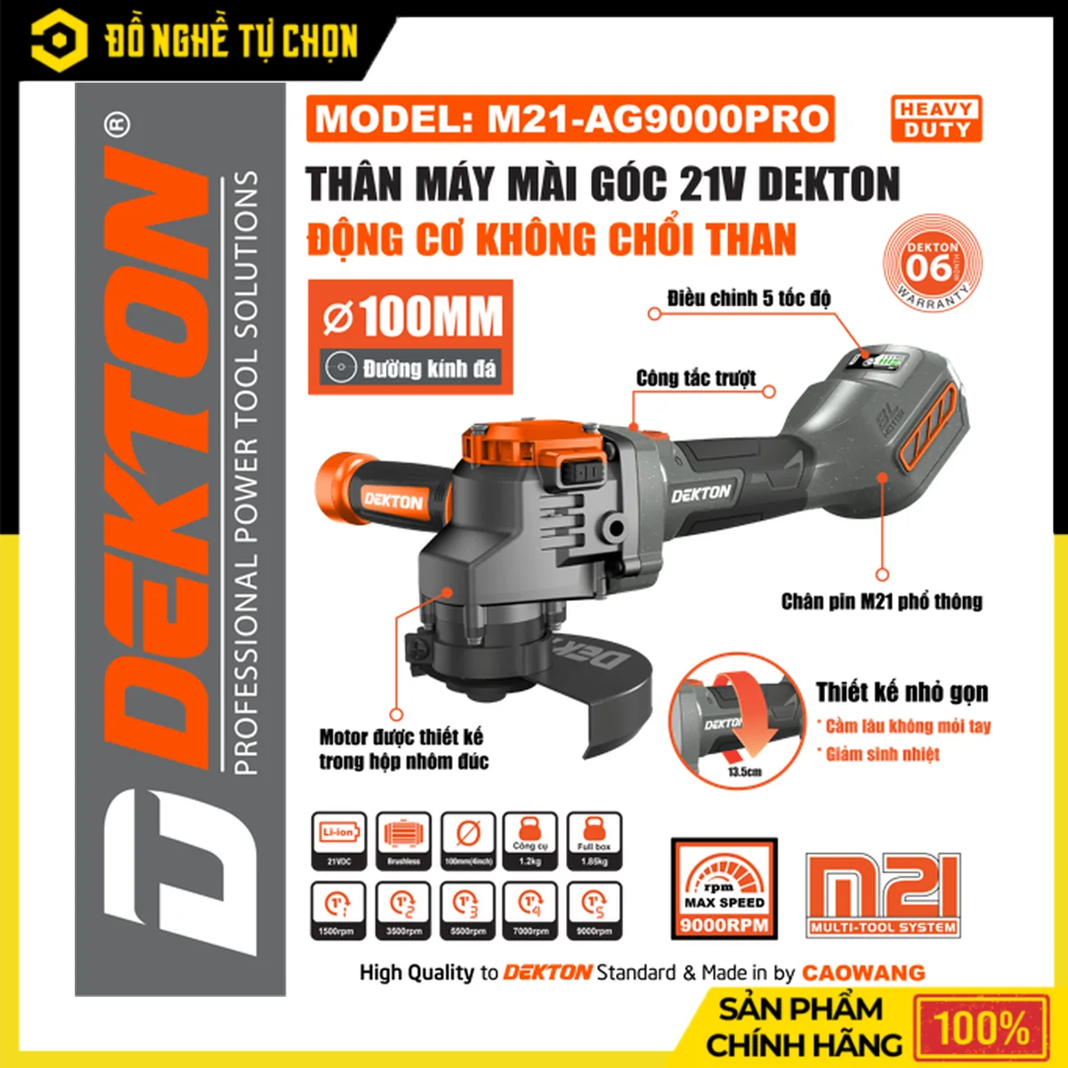 Máy Mài Góc Pin 21V Đá 100mm Dekton M21-AG9000PRO – Brushless Motor Đứng, 5 Tốc Độ 1500-9000 RPM