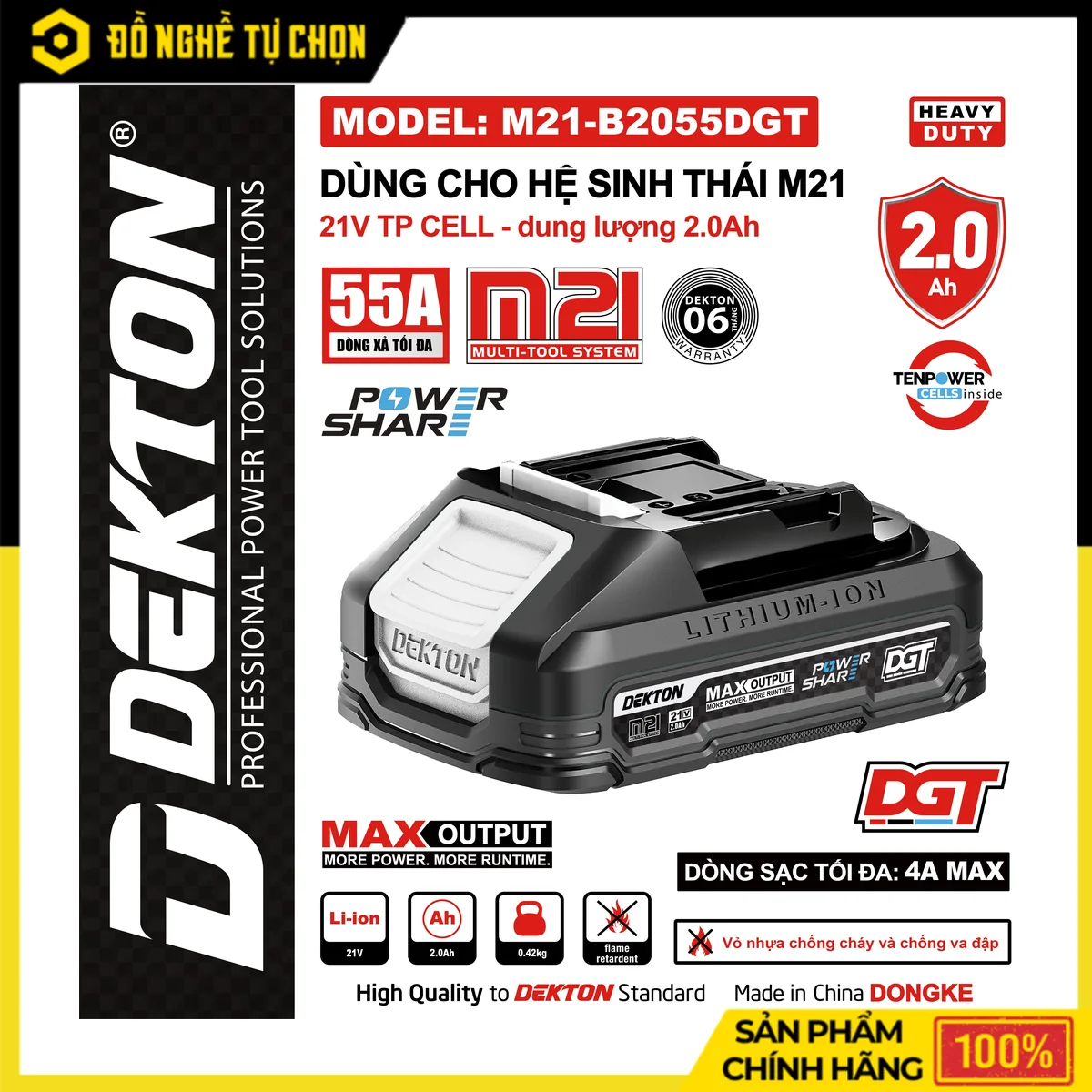 Pin Dekton 21V 2.0Ah M21-B2055DGT – Dòng Xả Max 55A, 5 Cell TP, Vỏ Nhựa Chống Cháy Chống Va Đập