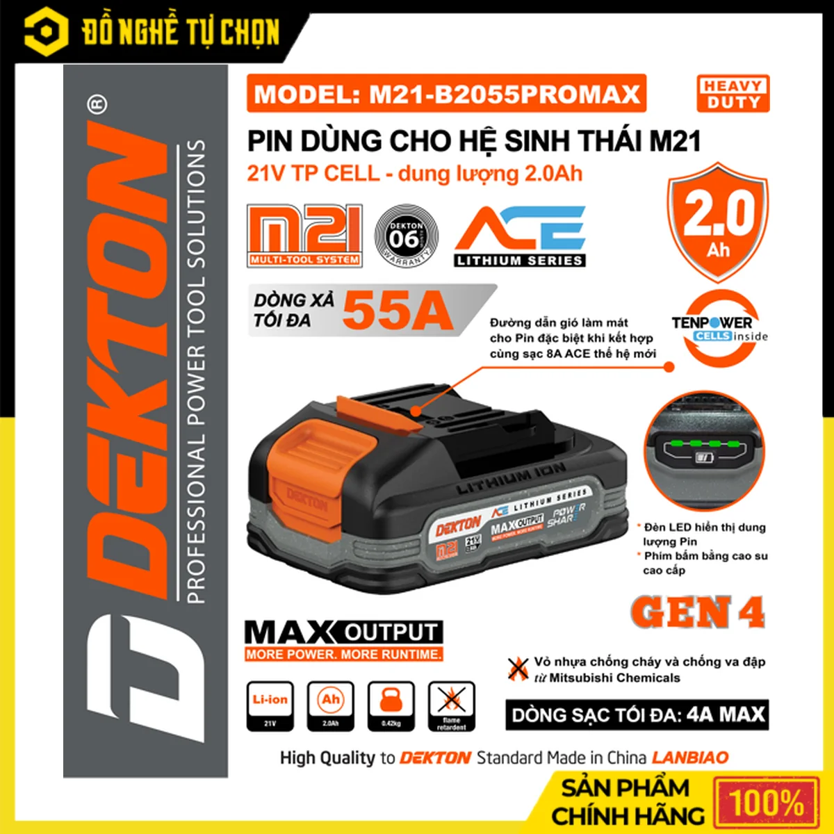 Pin Dekton 21V 2.0Ah M21-B2055PROMAX – Dòng Xả Max 55A, 5 Cell TP, Vỏ Nhựa Mitsubishi Nhật Bản
