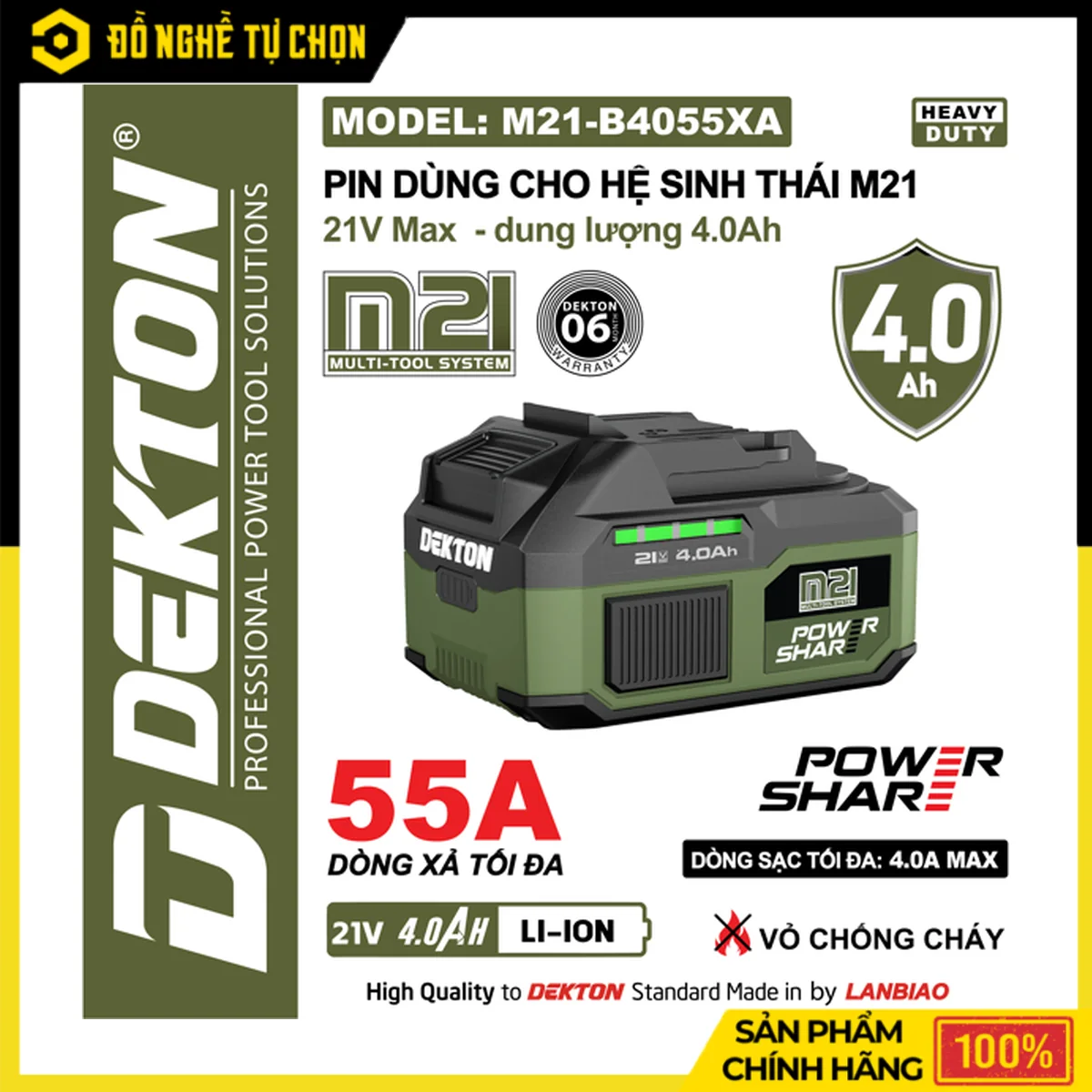 Pin Dekton 21V 4.0Ah M21-B4055XA – Dòng Xả Max 55A, 10 Cell, Vỏ Chống Cháy, Dùng Dòng Sạc 4A