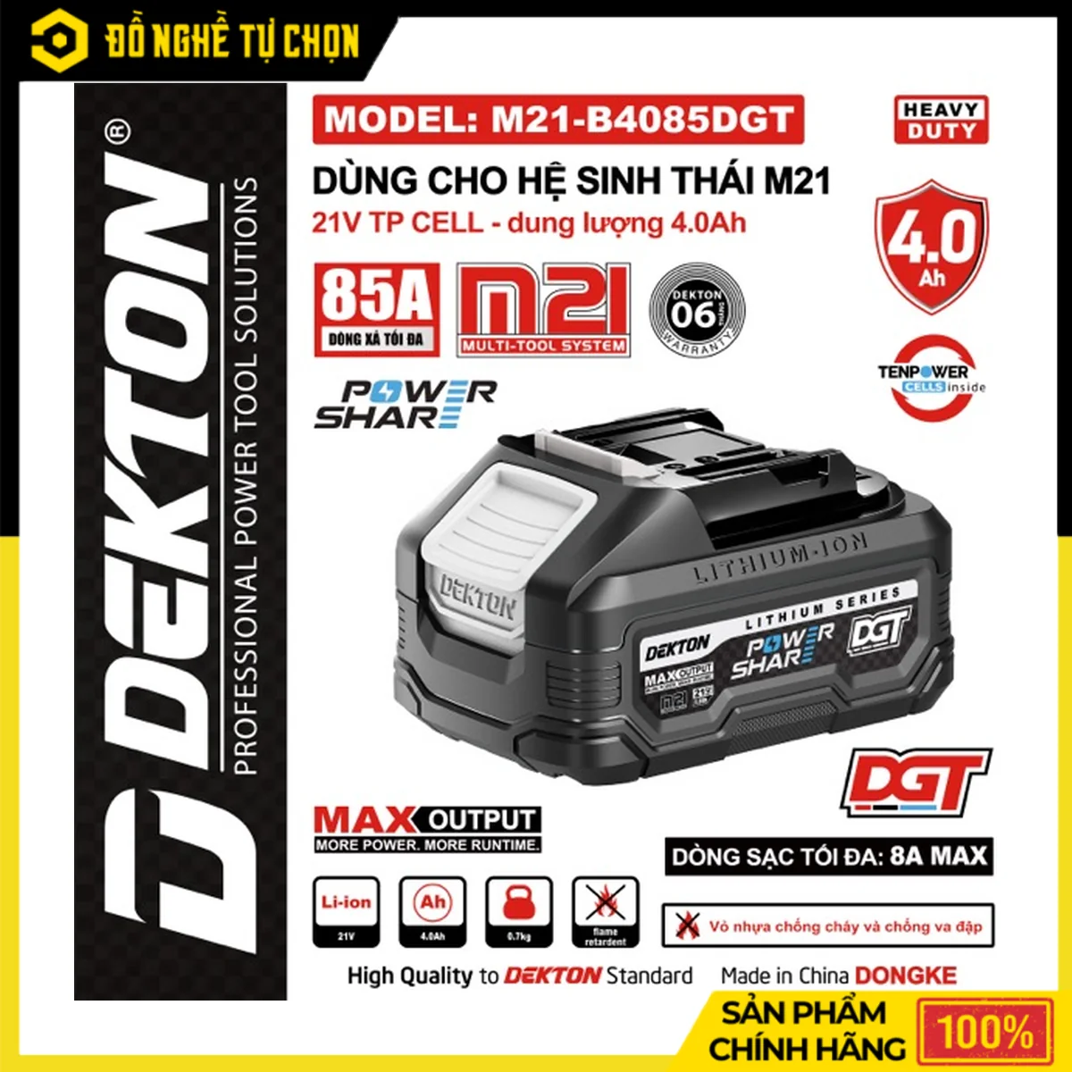 Pin Dekton 21V 4.0Ah M21-B4085DGT – Dòng Xả Max 85A, 10 Cell TP, Vỏ Chống Cháy, Dùng Dòng Sạc 8A