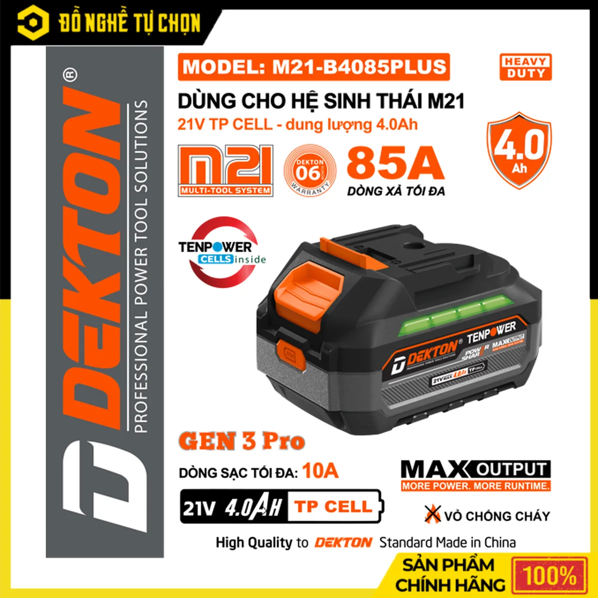 Pin Dekton 21V Dung Lượng 4.0Ah M21-B4085PLUS – Cell TP, Dòng Xả Tối Đa 85A