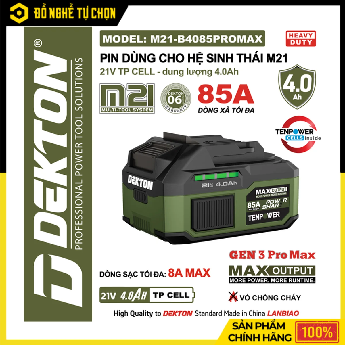 Pin Dekton 21V 4.0Ah M21-B4085PROMAX – Dòng Xả Max 85A, 10 Cell, Bảng Mạch KSHZ, Vỏ Chống Cháy | Hàng Chính Hãng, Có VAT