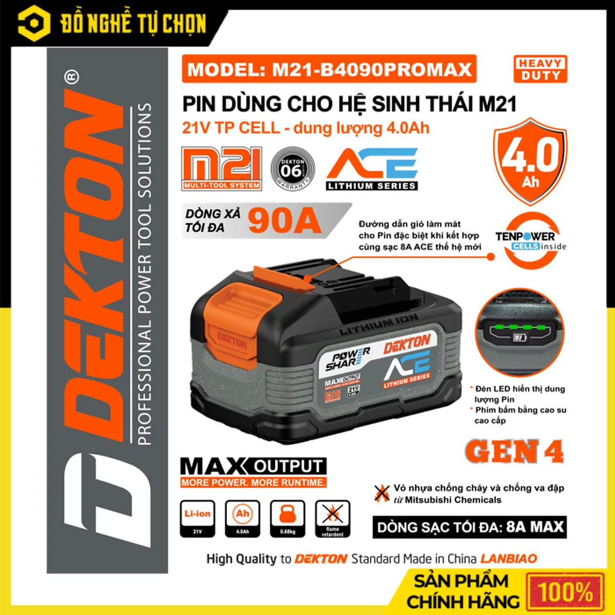 Pin Dekton 21V 4.0Ah M21-B4090PROMAX – Dòng Xả Max 90A, 10 Cell TP, Vỏ Nhựa Mitsubishi Nhật Bản