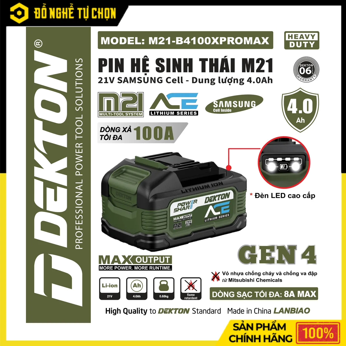Pin Dekton 21V 4.0Ah M21-B4100XPROMAX – Cell Samsung 18650, Dòng Xả Max 100A, Tích Hợp Đèn Chiếu Sáng
