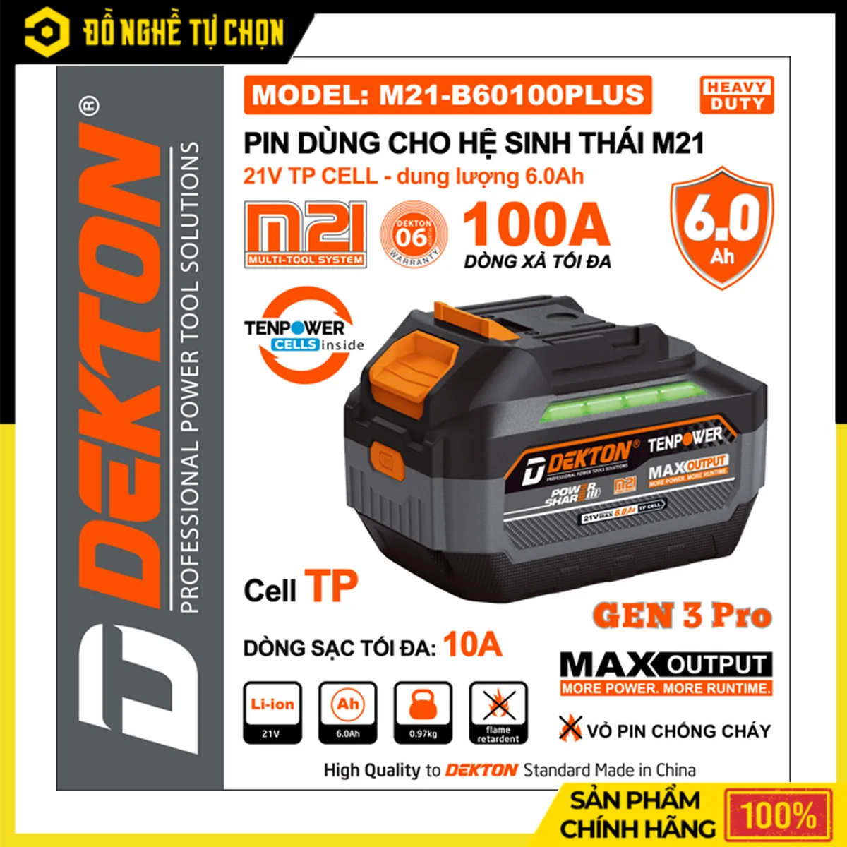 Pin Dekton 21V 6.0Ah M21-B60100PLUS – Dòng Xả Max 100A, 15 Cell TP, Vỏ Pin Vật Liệu Chống Cháy